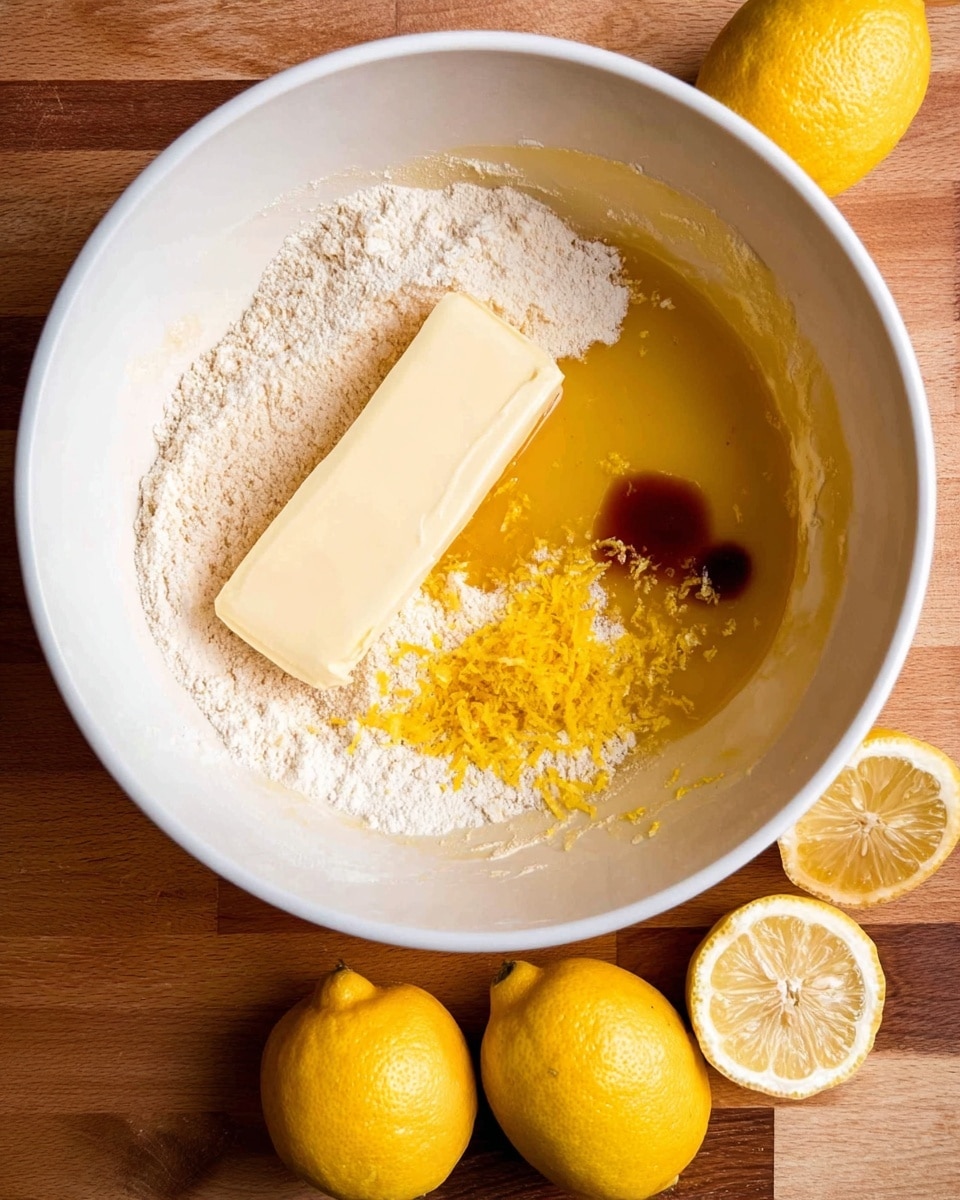 A white bowl holds several layers of ingredients ready for mixing: a base layer of light beige flour spreads unevenly inside, topped with a long rectangular piece of pale yellow butter lying across the flour, smooth and solid. Surrounding the butter is a pool of shiny golden-yellow egg mixture, partially soaking the flour. On one side, there is bright yellow lemon zest clustered together, and a small splash of dark brown vanilla extract adds contrast near the zest. The bowl is placed on a warm wooden surface. Around it, three whole bright yellow lemons and two cut lemon halves with pale yellow interiors sit casually. photo taken with an iphone --ar 4:5 --v 7