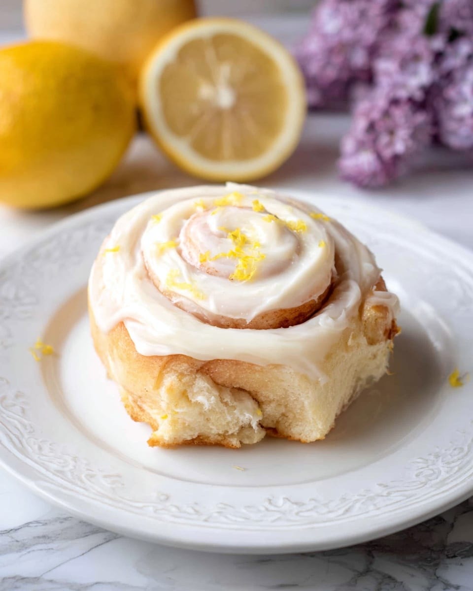 A soft, light brown cinnamon roll sits on a white plate with a delicate embossed pattern. The roll has three visible layers, with a slightly uneven texture showing its fluffiness and moistness. On top, a swirl of creamy white icing with a smooth, slightly thick texture covers the center and some edges of the roll, sprinkled lightly with small yellow lemon zest bits. The plate is placed on a white marbled surface with a halved lemon, a whole lemon, and light purple flowers slightly blurred in the background. photo taken with an iphone --ar 4:5 --v 7