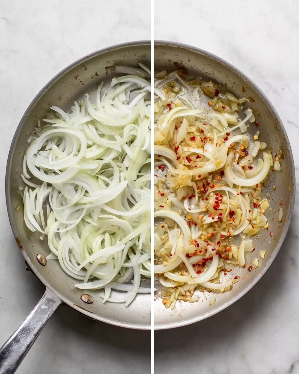 The image shows two side-by-side views of a metal pan on a white marbled surface. On the left side, the pan is full of thin, curved slices of pale white onion layered loosely on top of each other. On the right side, the same pan has the onions cooked down and mixed with small pieces of light brown garlic and red chili flakes scattered evenly through the soft, slightly golden onions. The pan handle points down to the bottom left corner in both views. photo taken with an iphone --ar 4:5 --v 7