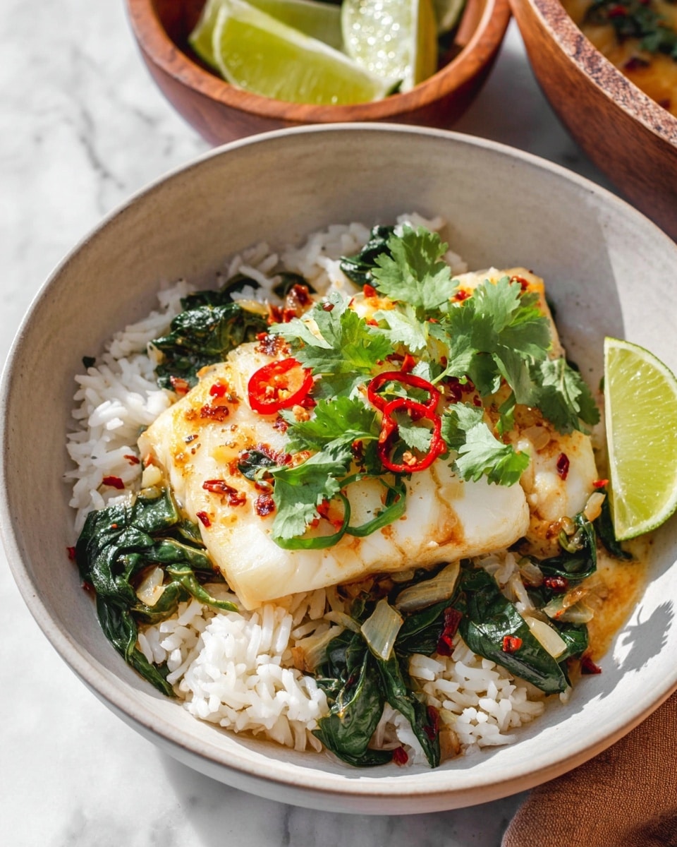 The image shows a white bowl filled with three main layers: first, a base layer of white rice with a soft and fluffy texture; second, a layer of sautéed light green and slightly translucent onions mixed with dark green spinach leaves; third, a piece of light golden brown fish fillet topped with small bright green sliced chili peppers and red chili flakes, garnished with fresh cilantro leaves. On the edge of the bowl, there is a wedge of bright green lime. The background has a white marbled texture, and nearby there is a wooden bowl with lime wedges and a small part of another dish visible. Photo taken with an iphone --ar 4:5 --v 7