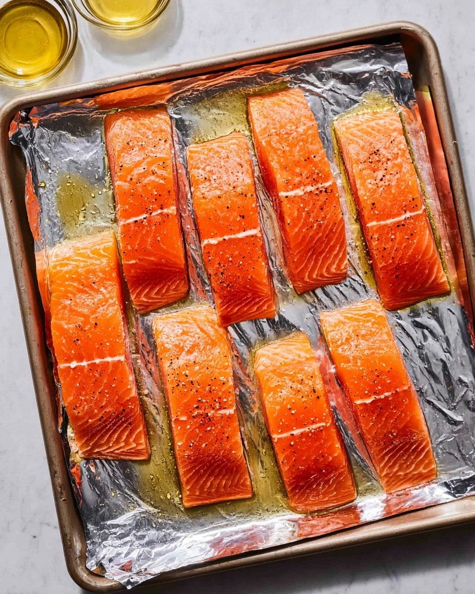 Seven rectangular pieces of fresh salmon with a bright orange color and visible white lines of fat are placed evenly on a foil-covered baking sheet. Each piece is lightly sprinkled with black pepper and salt, and a thin layer of olive oil glistens on the fish and foil. The foil has crinkled textures, contrasting with the smooth, shiny surface of the fish. Above the baking sheet, part of a woman's hand and small bowls of seasoning, including olive oil, are slightly visible on a white marbled surface. photo taken with an iphone --ar 4:5 --v 7