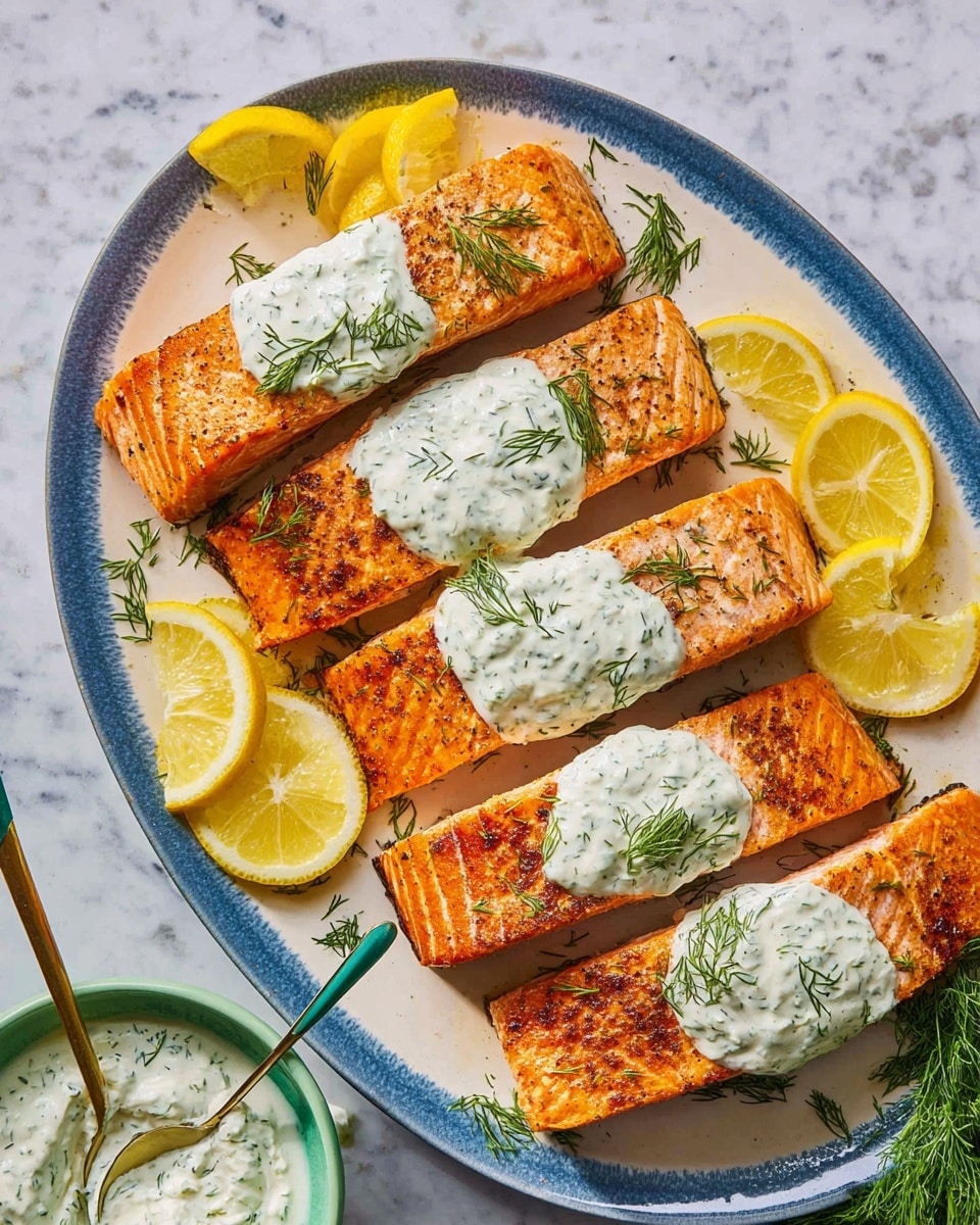 Five pieces of cooked salmon fillets with a light brown grilled texture are placed on a large white plate with a blue rim. Each fillet has a dollop of white creamy sauce with green dill herb on top. Around the salmon fillets, there are several bright yellow lemon wedges. A small bowl of the same white sauce with green dill is visible at the bottom left, next to a spoon with a green handle. The background is a white marbled surface. photo taken with an iphone --ar 4:5 --v 7