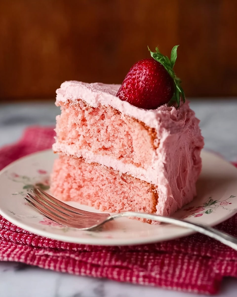 A slice of pink cake sits on a white plate with a subtle floral pattern, placed on a red checkered cloth over a white marbled surface. The cake has two layers of soft, pink sponge separated by a thick layer of light pink frosting. The outside of the cake is covered with the same pink frosting, which looks smooth but fluffy. On top of the cake slice is a fresh whole strawberry with green leaves. A silver fork is next to the cake on the plate. The background is blurred with a warm brown wooden texture. photo taken with an iphone --ar 4:5 --v 7