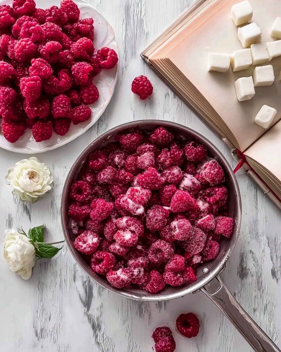 A silver pan filled with a single layer of frozen raspberries, showing their deep red color and icy texture. To the top left, there is a white plate piled high with fresh raspberries, bright and plump. Next to it on the top right is an open book with a white plate placed on it holding small white squared pieces. Scattered around the book are a few loose fresh raspberries and a white flower. The entire scene is set on a white marbled surface that contrasts with the vivid red of the berries. Photo taken with an iphone --ar 4:5 --v 7