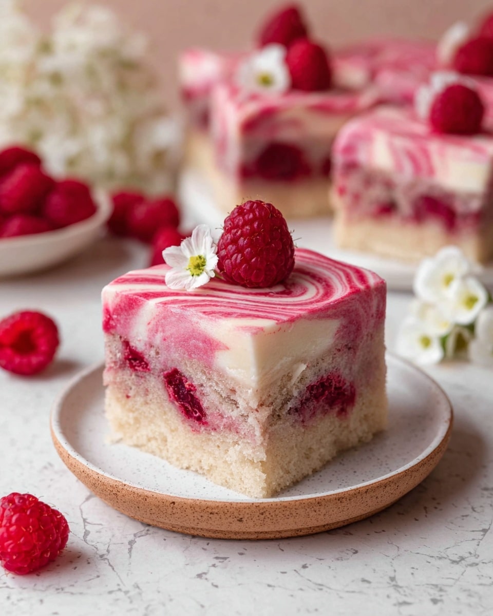 A square piece of cake with three visible layers sits on a white plate with a light brown edge. The bottom layer is light beige with a soft texture. The middle layer is a mix of pink and red, with raspberry pieces inside it. The top layer is thick and creamy, with a smooth swirled texture in shades of pink and white. On top of the cake, there is a whole fresh raspberry and a small white flower. In the background, more pieces of the same cake and several fresh raspberries and white flowers are scattered over a white marbled surface. Photo taken with an iphone --ar 4:5 --v 7