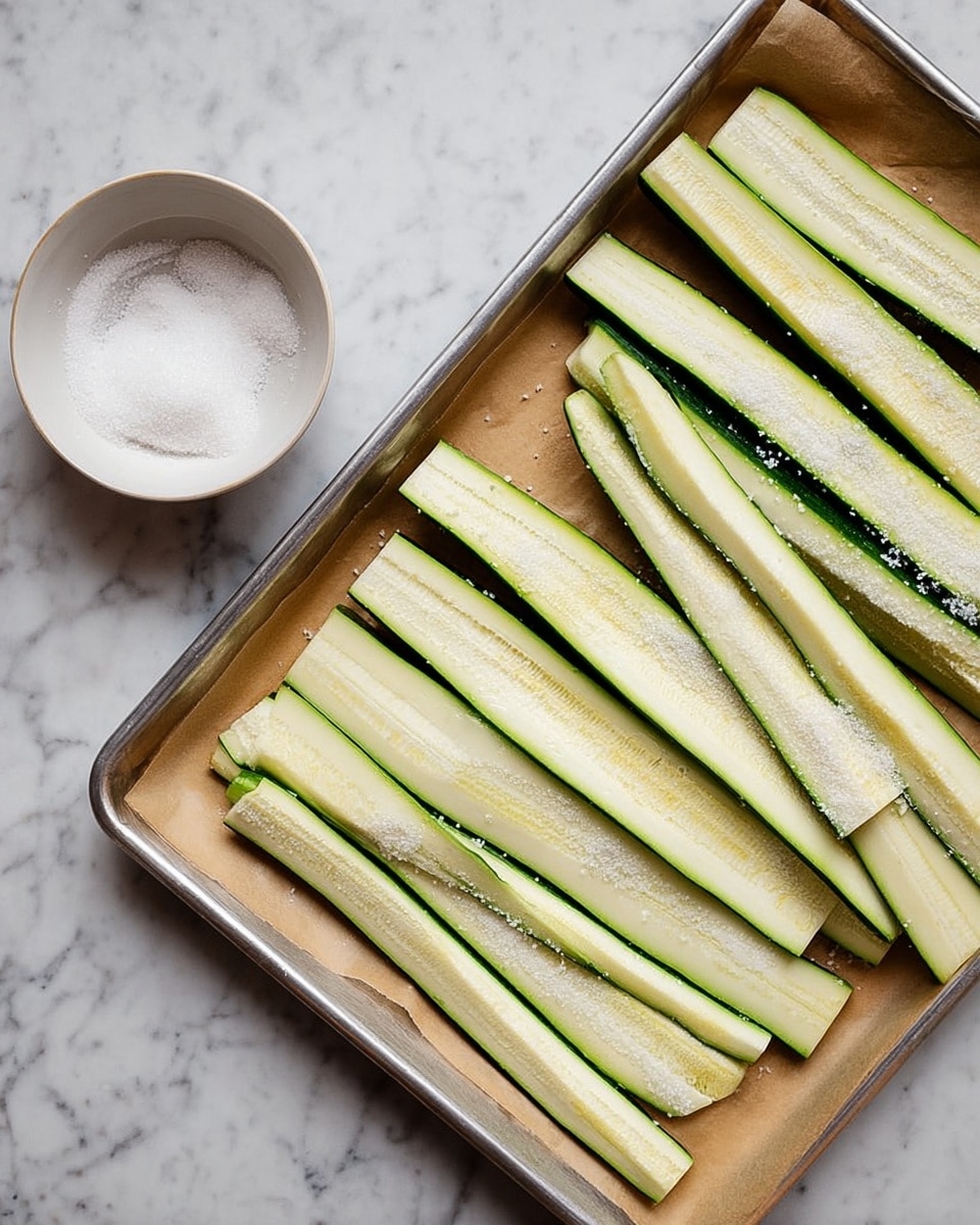 A baking tray lined with light brown parchment paper holds two rows of thin, long slices of zucchini, each slice showing a pale green inside with darker green skin on edges, neatly arranged with slight gaps between them. Coarse salt crystals are sprinkled evenly over the slices, adding a touch of white texture on the smooth zucchini surfaces. To the left of the tray, a small round white bowl filled with coarse salt sits on a white marbled table with subtle grey veins. The scene is well-lit with soft natural light, showing clean, fresh food preparation. photo taken with an iphone --ar 4:5 --v 7