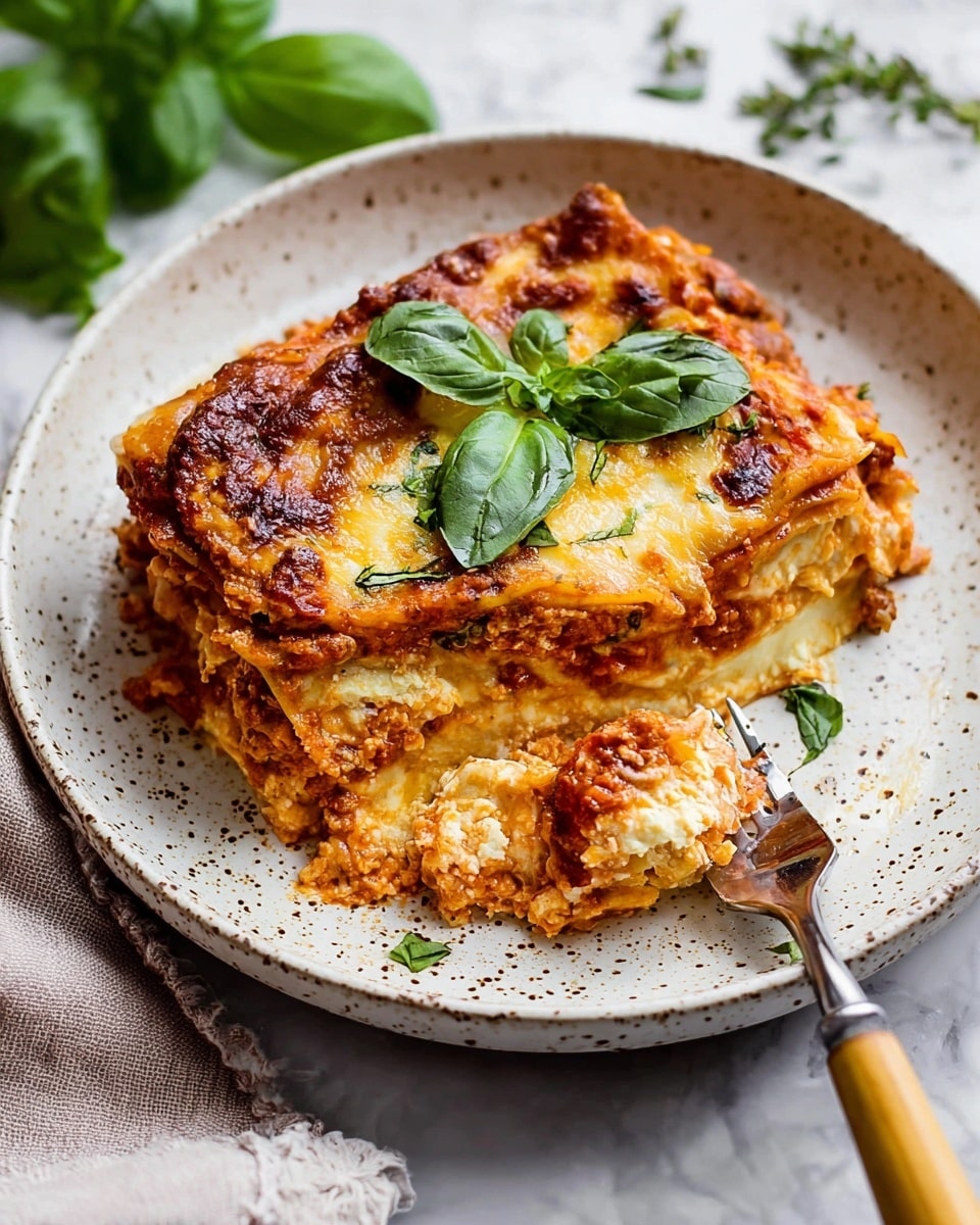 A piece of lasagna sits on a white speckled plate with a golden-brown crust on top, showing two fresh green basil leaves as decoration. The lasagna has multiple layers, including a glossy melted cheese layer on top that is browned in spots, a rich red tomato sauce layer underneath, and creamy white cheese mixed with a soft texture layer. A fork with a wooden handle is lifting a small portion from the bottom right of the lasagna, revealing the soft and cheesy texture inside. The setting includes a white marbled surface with a cloth beneath the plate and some fresh basil leaves visible in the background. Photo taken with an iphone --ar 4:5 --v 7