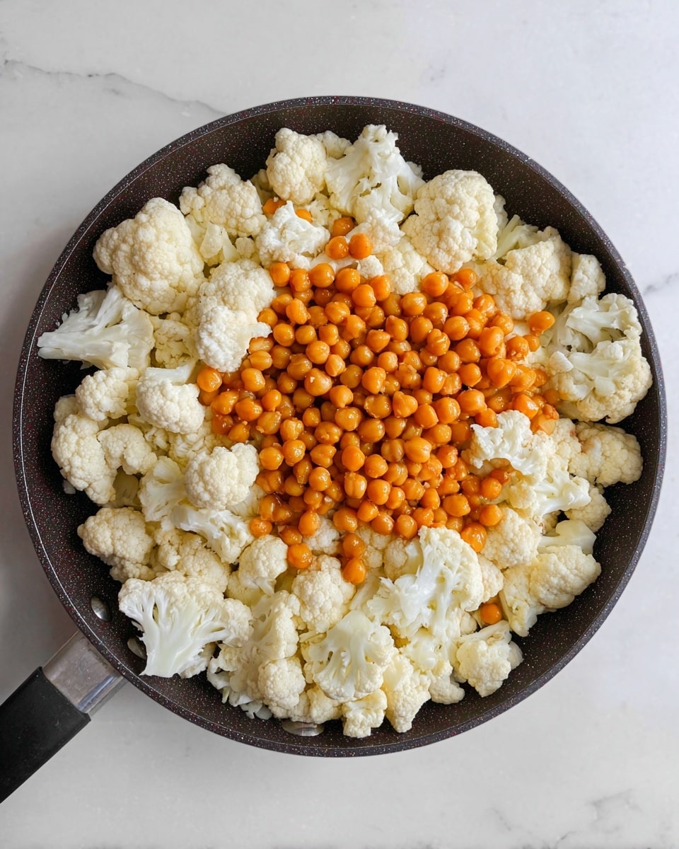 The image shows a large dark pan filled with two main layers of food. The bottom layer is made up of many small white cauliflower florets with a rough texture and uneven shapes spread evenly across the pan. The top layer consists of bright orange chickpeas that are round, smooth, and glossy, piled mostly in the center of the cauliflower and spreading slightly outward. The pan sits on a white marbled surface, and the lighting is soft, making the colors of the food stand out clearly. photo taken with an iphone --ar 4:5 --v 7