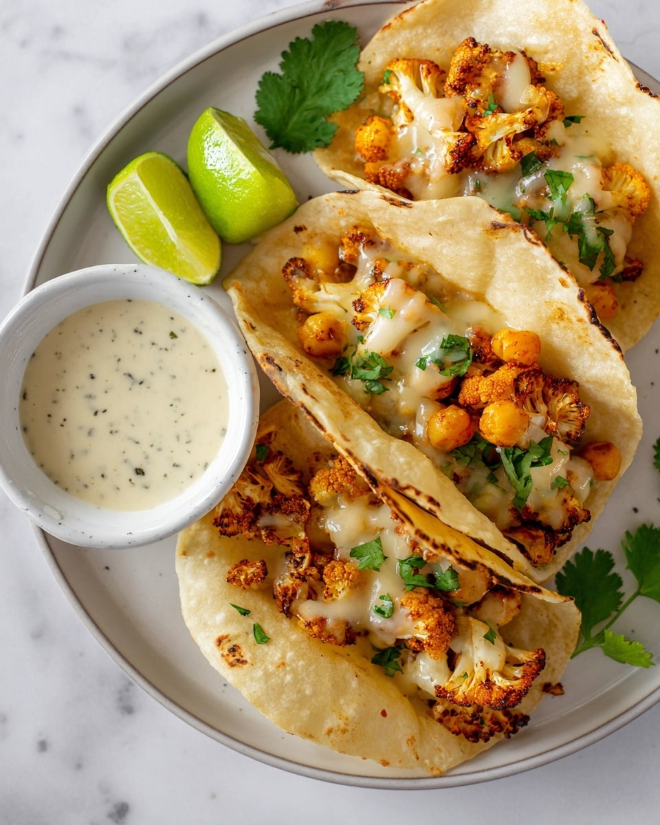 The image shows three soft tacos on a white plate placed on a white marbled surface. Each taco is filled with golden roasted cauliflower and chickpeas, browned with crispy edges, layered with melted cheese that blends into the filling. Small pieces of green cilantro leaves are scattered on top and around the tacos. There are two green lime halves placed next to the tacos on the plate. A small white bowl of creamy, speckled sauce sits near the tacos on the left side of the plate, adding a smooth white contrast to the plate's colors. The photo is taken with an iphone --ar 4:5 --v 7