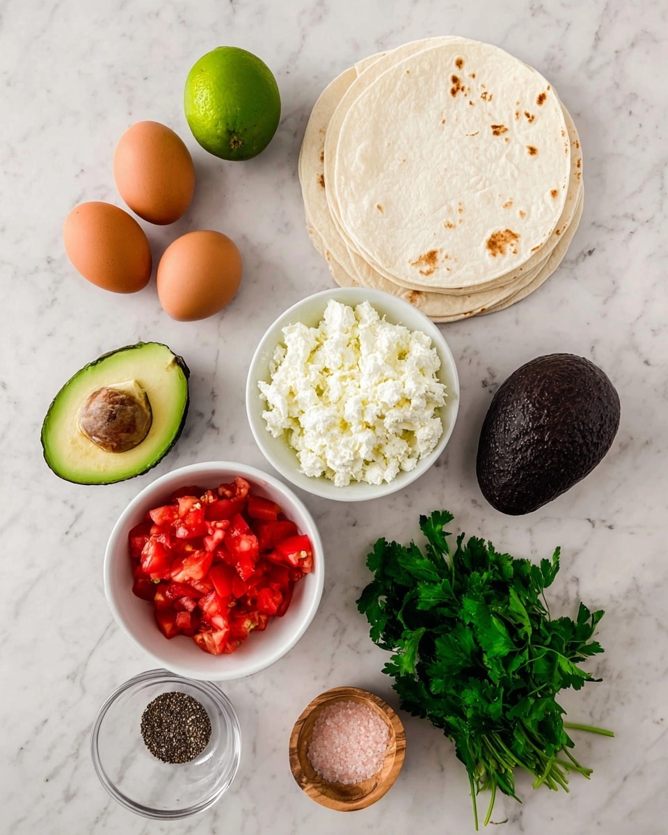 This image shows ingredients laid out on a white marbled surface. There are four brown eggs placed near the top left, with a halved green lime above them and a whole dark brown avocado to the right. Three white flour tortillas are stacked on the right side. A white bowl filled with white crumbled cheese is near the center. Below this, a small white bowl holds bright red chopped tomatoes. To the bottom right, there is a bunch of fresh green parsley. A small clear bowl with black pepper and a small wooden bowl with pink salt are also visible. Photo taken with an iphone --ar 4:5 --v 7