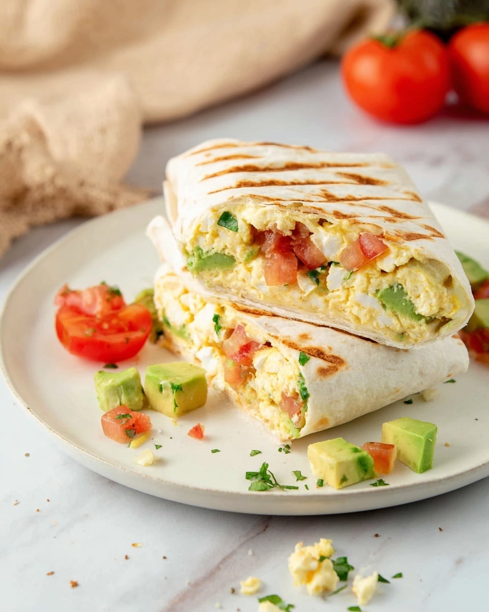 The image shows a close-up of a folded white tortilla wrap, toasted with light brown grill marks on top. The wrap is cut in half, revealing three visible layers inside: soft scrambled eggs with a pale yellow color and fluffy texture, chunks of green avocado, and red tomato pieces mixed with small green herbs. The wrap is placed on a white plate with some crumbs, small pieces of avocado, tomato, and herbs scattered around it. The whole setting sits on a white marbled surface with a blurred background that includes a beige cloth. Photo taken with an iphone --ar 4:5 --v 7