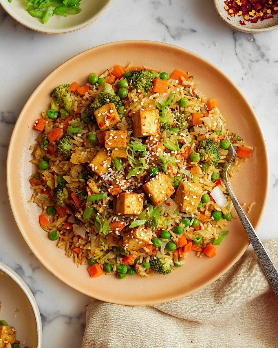 The image shows a plate filled with a colorful dish of fried rice with different vegetables and tofu. The plate is light orange and round. The dish has many layers: at the bottom there are cooked rice grains mixed with green peas, small orange carrot cubes, and light green broccoli pieces. On top, there are light brown tofu cubes sprinkled with white sesame seeds and small red chili flakes. There are chopped green onions scattered all over the dish, adding fresh green color. The plate is placed on a white marbled surface with a beige cloth napkin partly visible nearby. Photo taken with an iphone --ar 4:5 --v 7