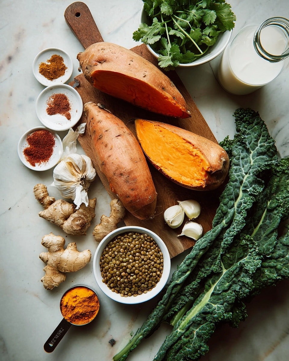 Two large orange sweet potatoes, one partially peeled and placed on a wooden cutting board, surrounded by various fresh ingredients. There is a white bowl filled with bright green cilantro leaves near the top right, and a small white bowl in front holding two garlic cloves. Below the cutting board, curly dark green kale leaves spread out across a white marbled surface. A measuring cup filled with brown lentils sits next to a whole yellow onion near the bottom left. Pieces of beige ginger root and a peeled section of ginger sit between the onion and cilantro. Near the top left, a white plate holds three piles of different ground spices in red, brown, and tan colors, while a glass jar filled with bright orange powder sits nearby with a wooden spoon inside. A white can with white liquid is partially visible on the right side. photo taken with an iphone --ar 4:5 --v 7