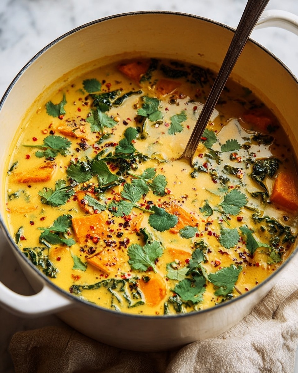 A large white pot filled with a creamy yellow soup that has visible chunks of orange sweet potato and green leafy kale floating throughout. The soup is garnished with fresh cilantro leaves spread on top, along with small black seeds, red chili flakes, and some black pepper specks. A long metal spoon stands upright in the soup near the right side. The pot is set on a white marbled surface with a soft beige cloth visible beneath it. photo taken with an iphone --ar 4:5 --v 7