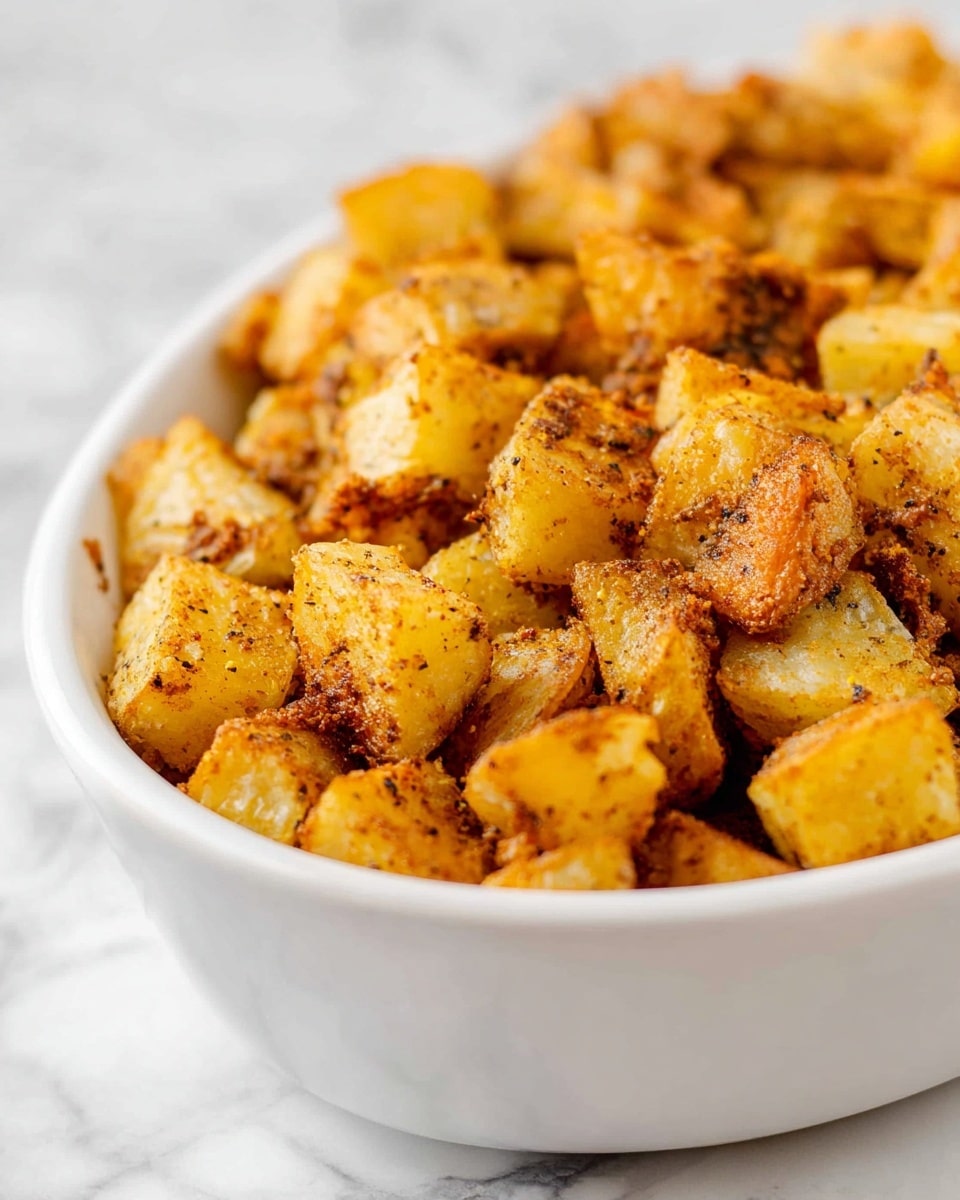 The image shows a close-up of a white bowl filled with golden-brown roasted potato cubes. The potatoes have a slightly rough texture with some crispy edges and some pieces still have bits of skin. The cubes are coated in a mix of spices, giving a speckled look with hints of darker browns and black pepper. The bowl sits on a white marbled surface and the focus keeps the potatoes sharp and clear in the middle, while the edges softly blur. photo taken with an iphone --ar 4:5 --v 7