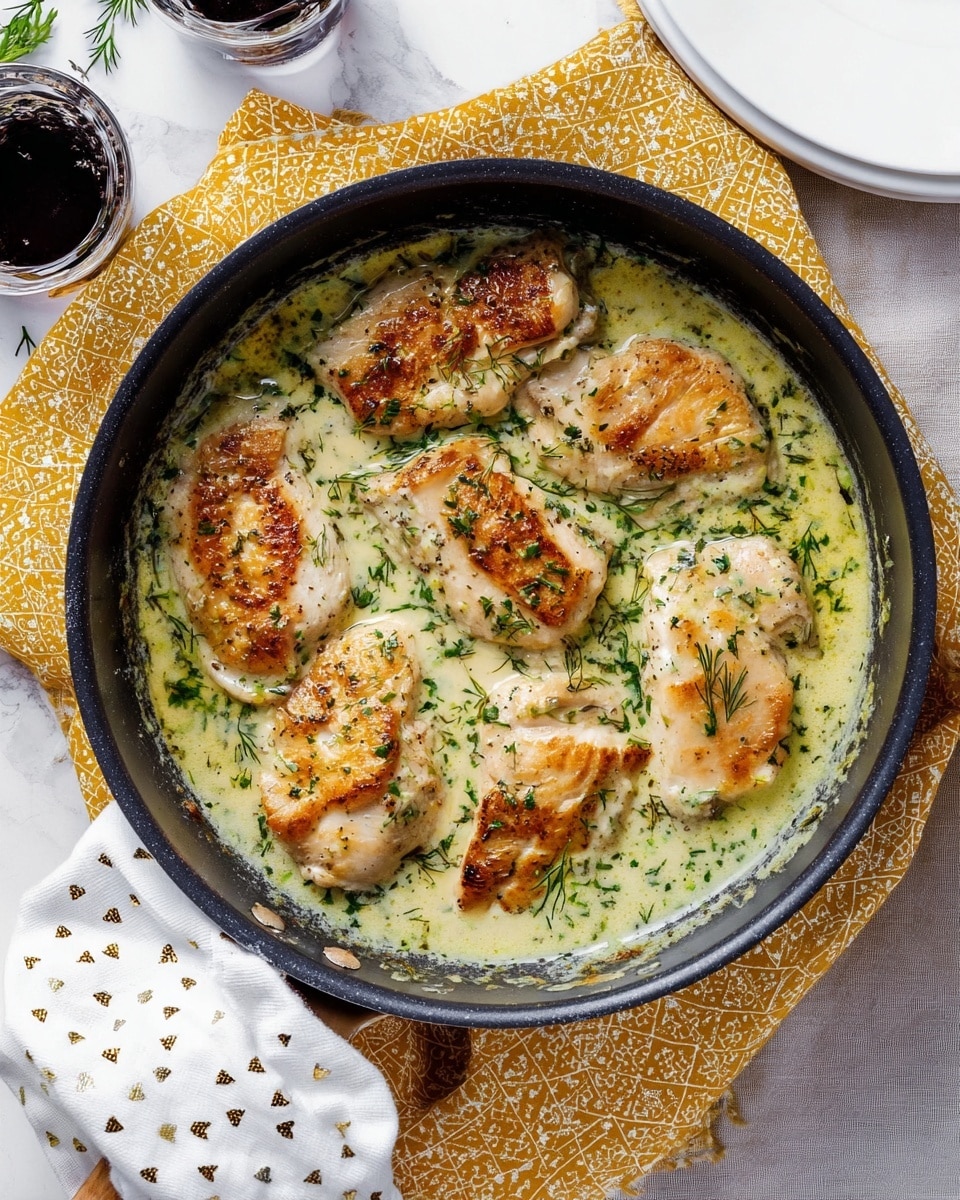 A black pan with six pieces of cooked white meat in a creamy green sauce seasoned with herbs is placed on top of a yellow patterned cloth and a gray cloth, all on a white marbled surface; the meat has browned edges and is arranged closely but slightly separated, with small green herb pieces sprinkled over the sauce. A white plate and a glass of dark liquid are partially visible in the upper left corner and bottom left corner of the image, respectively. A woman's hand holding a white cloth with tiny gold hearts is on the right side of the pan. Photo taken with an iphone --ar 4:5 --v 7