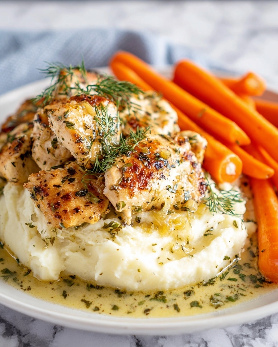 A white plate holds a three-layer meal set on a white marbled surface. The bottom layer is a creamy mound of mashed potatoes, white with a smooth texture. On top of this is the second layer of golden-brown seasoned chicken pieces with specks of herbs and small bits of cooked onions. The chicken is garnished with fresh green dill. The third layer is a bunch of bright orange cooked baby carrots placed to the right side of the chicken and potatoes. A light sauce with herbs pools around the base of the layers, adding a slight green tint to the plate edges. The photo was taken with an iphone --ar 4:5 --v 7