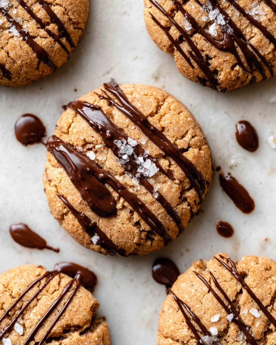 The image shows a close-up of four round cookies on a white marbled surface. Each cookie is a light brown color with a crumbly texture and faint cracks on the surface. The cookie in the center has a shiny dark chocolate drizzle in thin lines running across it, with a small dollop of chocolate in the middle and some scattered flakes of white sea salt. The chocolate drizzle also creates small pools on the surface around the cookies. The other cookies are plain with no toppings visible. The overall look is warm and inviting with a rustic feel photo taken with an iphone --ar 4:5 --v 7