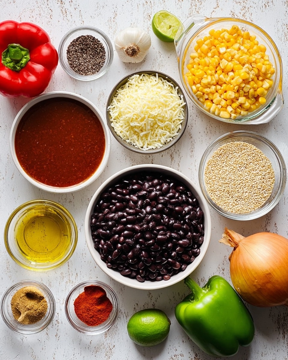 The image shows several small bowls and some vegetables arranged neatly on a white marbled surface. In the center, there is a white bowl filled with black beans, showing a shiny dark color and smooth texture. Above it, a white bowl contains a mix of grated white and yellow cheese, slightly rough and soft looking. To the right, there is a glass measuring cup with light yellow corn kernels, and behind it, another glass measuring cup holds light tan quinoa seeds, both showing a grainy texture. On the left side, a glass measuring cup contains a dark reddish-brown sauce with a smooth, thick texture. Small white bowls hold ground black pepper, bright yellow oil, and two types of red and brown spices, all with powdery textures. Around the bowls, fresh vegetables include a light brown onion, a green jalapeño, a bright green lime, a red bell pepper, a yellow bell pepper, and a white garlic bulb. The whole setup is clean and colorful with a natural fresh look. photo taken with an iphone --ar 4:5 --v 7