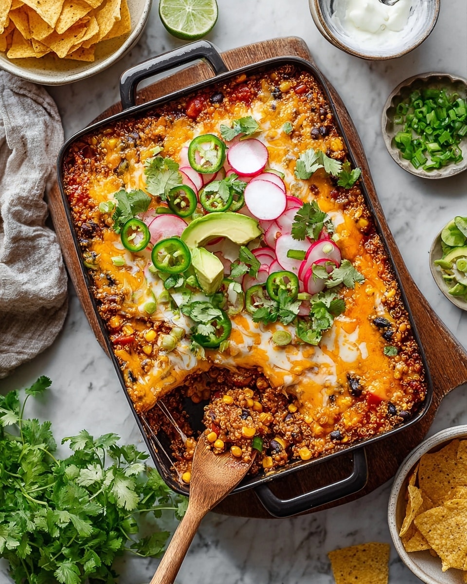 The image shows a baked casserole dish with three main layers: the bottom layer is a mix of cooked quinoa, black beans, corn, and diced red peppers with a grainy texture; the middle layer is melted white and orange cheese covering half of the dish smoothly; the top layer features fresh toppings placed mainly on one side, including thinly sliced radishes with a white and pink round shape, green avocado chunks, green jalapeño slices, and sprigs of fresh cilantro, all arranged visibly in clusters. A wooden spoon is scooping some of the casserole from one corner, stretching the melted cheese slightly. The dish is placed on a white marbled surface with a small bowl of chopped green onions, a bowl of sour cream, a glass of water with a lime wedge, tortilla chips in a white bowl, and some fresh cilantro sprigs nearby. photo taken with an iphone --ar 4:5 --v 7