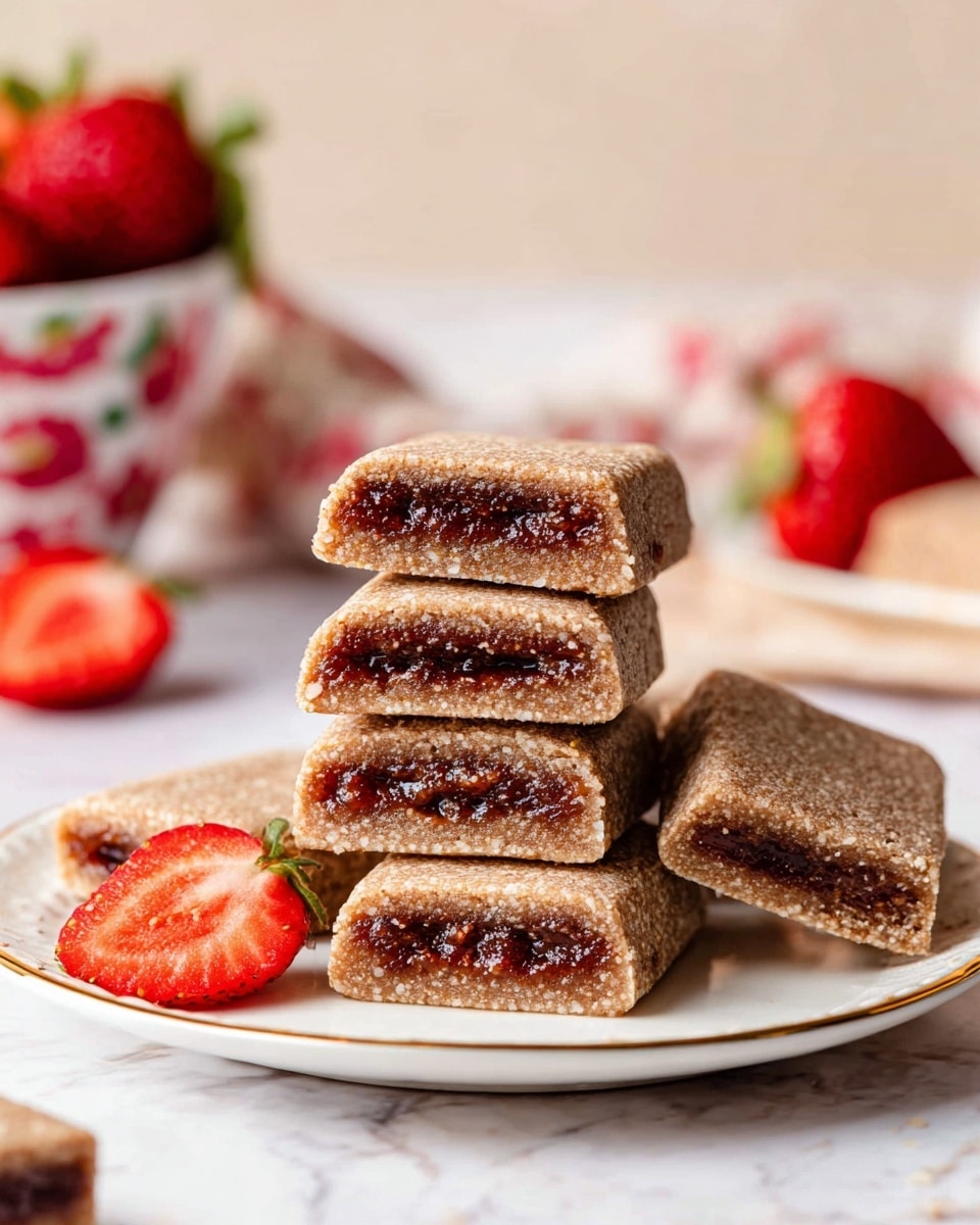 A stack of five rectangular fig bars is placed on a white plate with a thin gold edge, set on a white marbled surface. Each fig bar has a light brown, slightly rough outer layer with a dense, dark brown fig filling visible in the two top bars that are half open. Around the plate, there are more fig bars lying flat, showing the same textures and colors. In the blurred background, there is a white bowl with a strawberry pattern filled with fresh strawberries and some strawberry halves nearby. The overall scene is bright and clean. photo taken with an iphone --ar 4:5 --v 7
