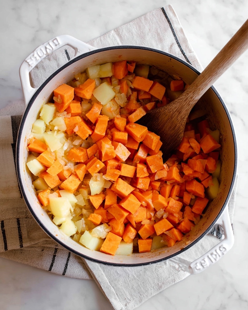 A white pot filled with two layers of cubed vegetables is shown. The bottom layer is mostly light yellow potato pieces with some soft, translucent cooked onion bits mixed in. The top layer consists mainly of bright orange sweet potato cubes. A wooden spoon rests on the right side inside the pot, partially stirring the mixture. The pot is placed on a white marbled surface with a light beige cloth with black stripes under it. photo taken with an iphone --ar 4:5 --v 7