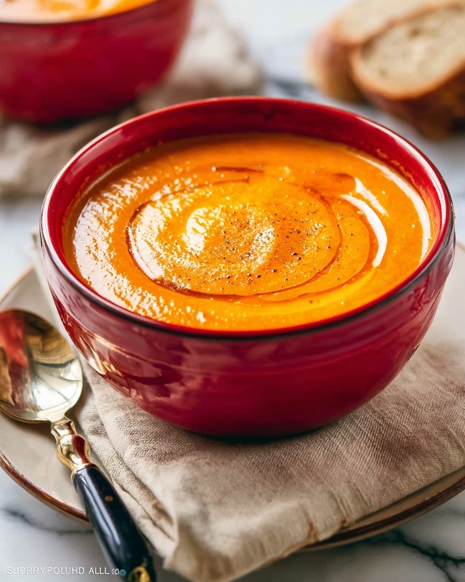 A red bowl filled with thick orange soup with a smooth texture and swirls of oil on top sits on a folded beige cloth napkin. The bowl rests on a round white plate, which is on a white marbled surface. Next to the bowl is a spoon with a black handle and gold accents. In the background, there is a blurred piece of bread and another red bowl. Photo taken with an iphone --ar 4:5 --v 7
