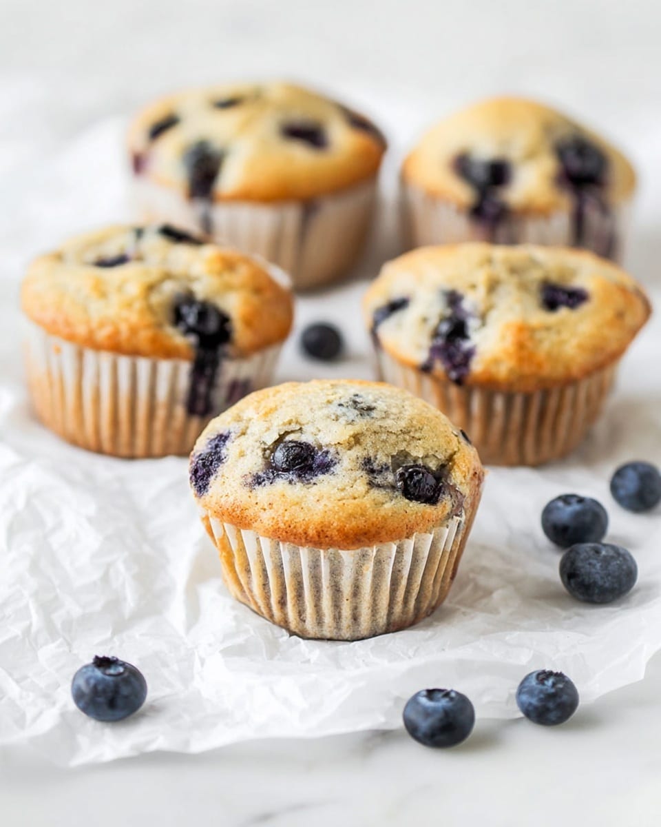 The image shows five light golden-brown blueberry muffins with visible blueberries scattered throughout the muffins, sitting directly on a crinkled white parchment paper over a white marbled surface. The muffins have paper liners with faint brown spots and their tops look soft and slightly bumpy with baked blueberries peeking through. Around the muffins, there are several whole fresh blueberries placed casually. The background is softly blurred, focusing on the front muffin, creating a bright and clean look. photo taken with an iphone --ar 4:5 --v 7