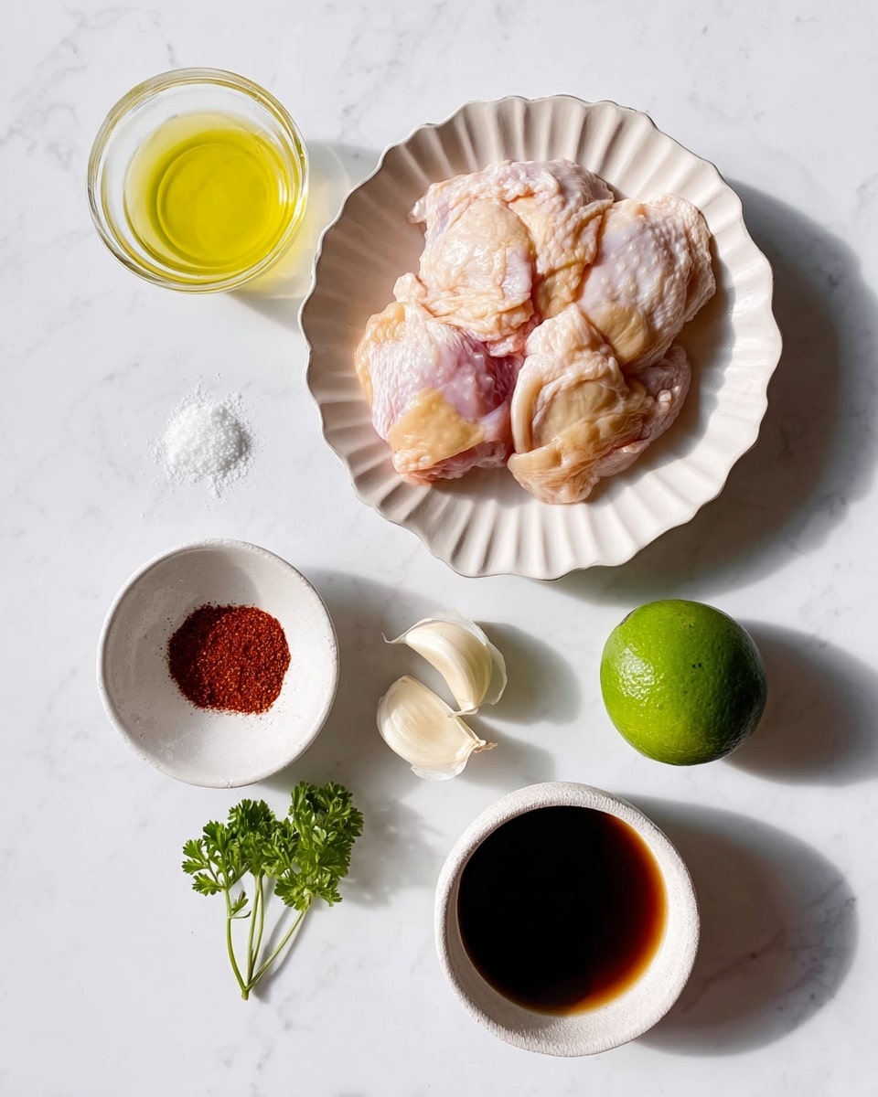 The image shows ingredients arranged neatly on a white marbled surface. At the top center, there is a scalloped white plate holding four pieces of raw chicken skin with light pink and pale yellow tones. To the left of the plate is a small glass bowl filled with a yellow liquid. Below, a whole green lime is placed near two peeled garlic cloves. Further down on the left, a small white bowl contains white salt and red spice powders side by side. On the right, there is a white bowl with a dark brown liquid. At the bottom center, a small fresh parsley sprig adds a touch of green to the setup. The light is soft and natural, highlighting textures and colors clearly. Photo taken with an iphone --ar 4:5 --v 7