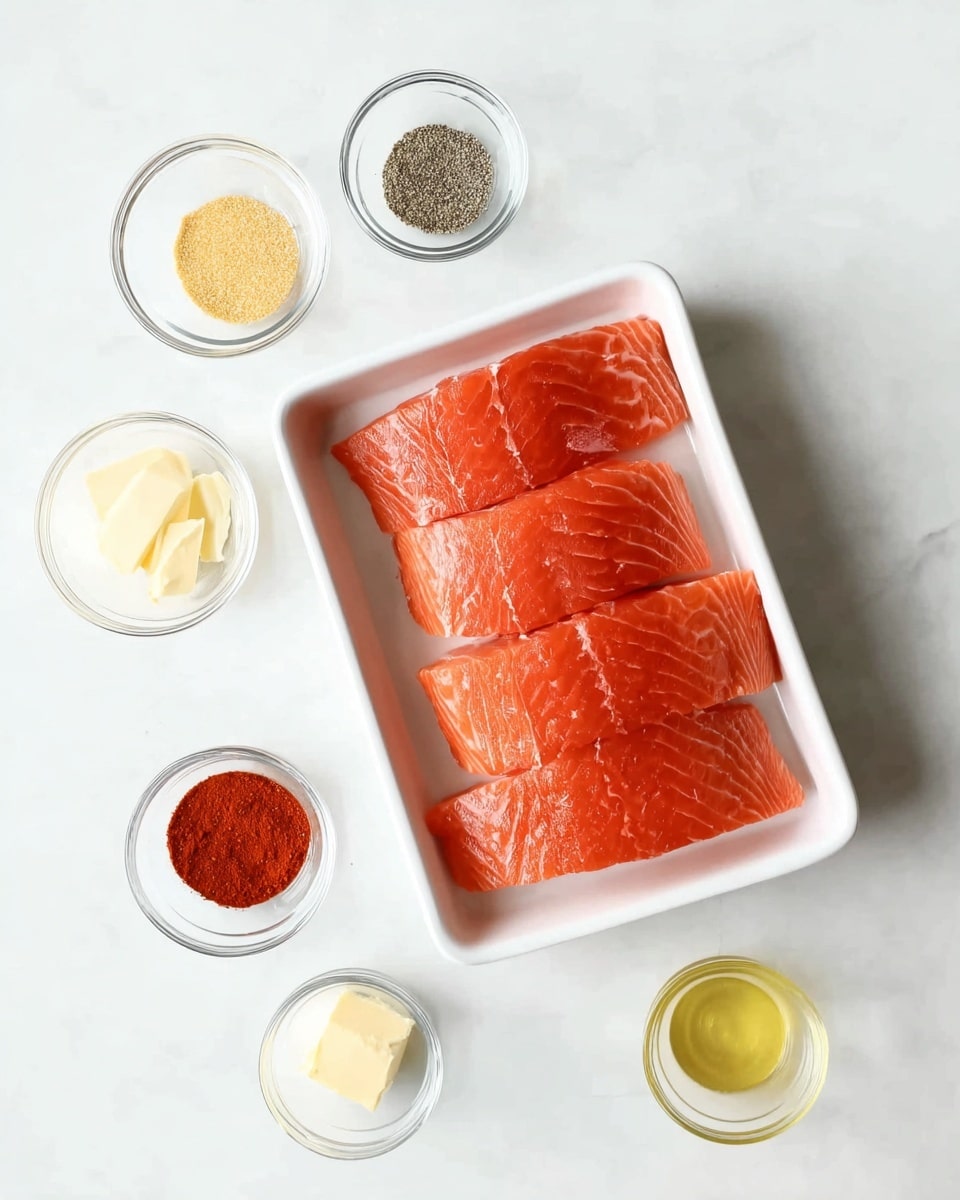 The image shows a white tray with five pieces of fresh, raw salmon fillets, arranged neatly in two rows with the tail ends facing up. Surrounding the tray are five small transparent glass bowls placed on a white marbled surface. From top to bottom, the bowls contain pale yellow seasoning powder, bright red paprika powder, black pepper, two small slices of pale yellow butter, and light yellow cooking oil. The layout is clean and organized, with soft lighting highlighting the fresh colors and textures of each ingredient. Photo taken with an iphone --ar 4:5 --v 7