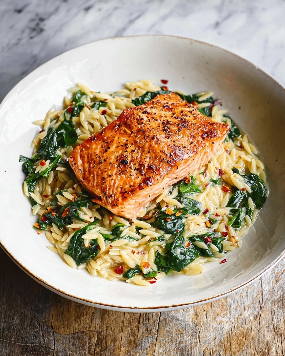 A white plate holds a dish with two main layers: the bottom layer is a bed of creamy orzo pasta mixed with wilted green spinach leaves and small red chili flakes scattered throughout, giving a textured look with light green and pale yellow tones; on top sits a piece of golden-brown grilled salmon, its surface slightly crispy with visible pepper specks and a warm orange hue. The plate is set on a white marbled surface. photo taken with an iphone --ar 4:5 --v 7