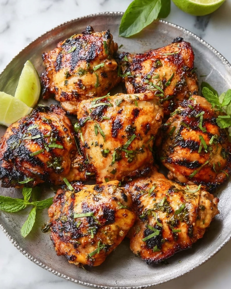 A round silver metal plate holds seven pieces of grilled chicken thighs with a charred surface, showing a mix of golden brown and dark brown spots. The chicken pieces are coated with green chopped herbs scattered evenly across the top, adding a fresh contrast to the warm colors of the meat. The plate is placed on a white marbled surface, with a partial view of lime halves and fresh green leaves in the background. The lighting shows the texture of the grilled chicken clearly, highlighting the crispy skin and juicy inside. photo taken with an iphone --ar 4:5 --v 7