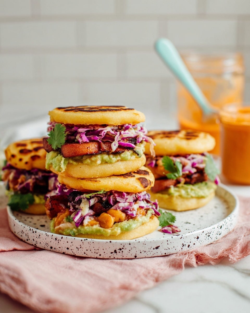 The image shows four small stacked sandwiches on a white plate with black speckles placed on a soft pink cloth over a white marbled surface. Each sandwich has a golden, round, grilled top and bottom layer that looks soft and thick with grill marks. Inside, there are layers of green creamy spread, dark brown beans, crispy reddish-brown fried slices, purple shredded cabbage, and green cilantro leaves. A glass jar with orange sauce and a light blue spoon is blurred in the background against a simple light tile wall. The whole setup is bright and colorful, with a cozy, fresh feel. photo taken with an iphone --ar 4:5 --v 7