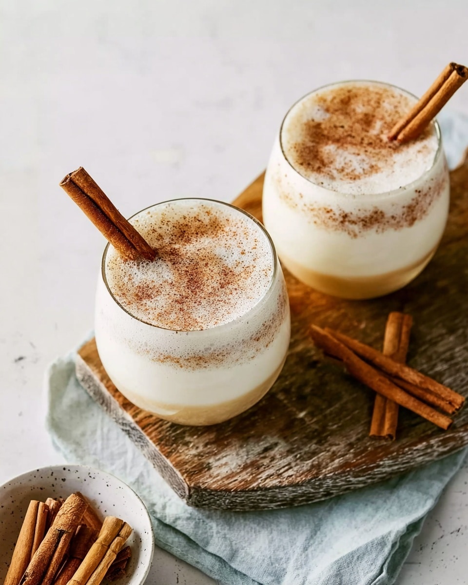 Two clear glasses filled with a creamy white drink topped with a thick layer of frothy foam sprinkled with brown cinnamon powder. Each glass has a brown cinnamon stick placed diagonally on top of the foam. The glasses are placed on a rustic wooden board, which rests on a white marbled surface. Nearby, there is a small white bowl filled with more brown cinnamon sticks. photo taken with an iphone --ar 4:5 --v 7