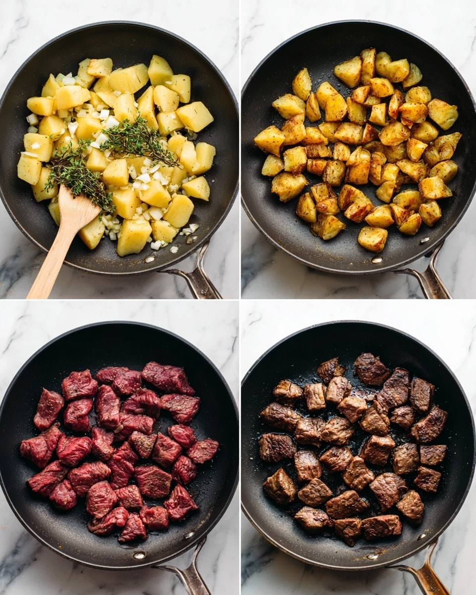 The image shows four cooking stages in one black pan placed on a white marbled surface. The top left shows chopped yellow potatoes with light skin, mixed with chopped garlic and green dried herbs in the center, along with a wooden spoon resting on the left side. The top right shows the potatoes now cooked, with golden brown, crispy edges. The bottom left shows raw red beef chunks scattered in the pan, while the bottom right shows the beef browned with a seared texture and some darker grill marks, appearing cooked. The lighting is bright, showing clear texture and color of each ingredient, photo taken with an iphone --ar 4:5 --v 7