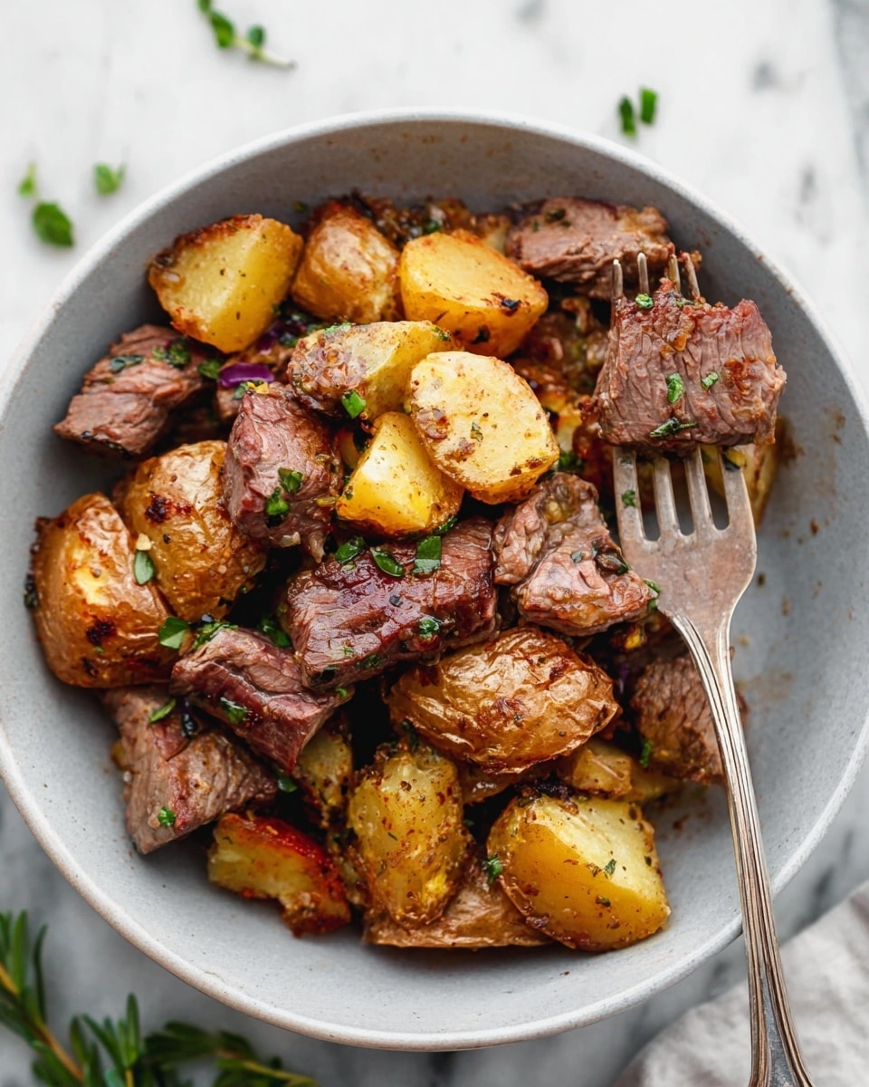In a white bowl, there are two main layers: the bottom layer is made up of browned, roasted potato pieces with a slightly crispy and golden skin, and the top layer consists of tender, cooked beef chunks that have a browned outside with a slightly pink middle. Both the potatoes and beef are sprinkled with small green herb pieces, adding texture and color contrast. A silver fork holds a piece of beef on the right side of the bowl. The bowl sits on a white marbled surface with some green herb leaves scattered around. Photo taken with an iphone --ar 4:5 --v 7