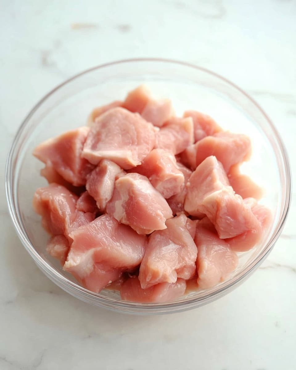A clear round bowl filled with light pink raw chicken pieces, roughly cut into small chunks, with a smooth, slightly shiny texture. The bowl is placed on a surface with a white marbled texture. The image is lit softly, highlighting the pale color and slight moisture of the chicken pieces. photo taken with an iphone --ar 4:5 --v 7
