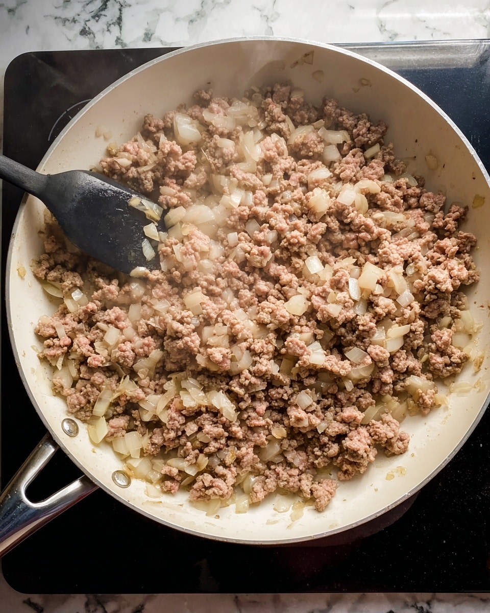 A large white frying pan filled with cooked ground meat mixed with light yellow chopped onions; the meat is brown with some areas still slightly pink, and the onions are distributed evenly throughout the pan. A black spatula is visible on the left side, partially inside the pan. The pan is placed on a black stovetop, and the surrounding surface has a white marbled texture. Steam rises gently from the mixture, showing it is hot photo taken with an iphone --ar 4:5 --v 7