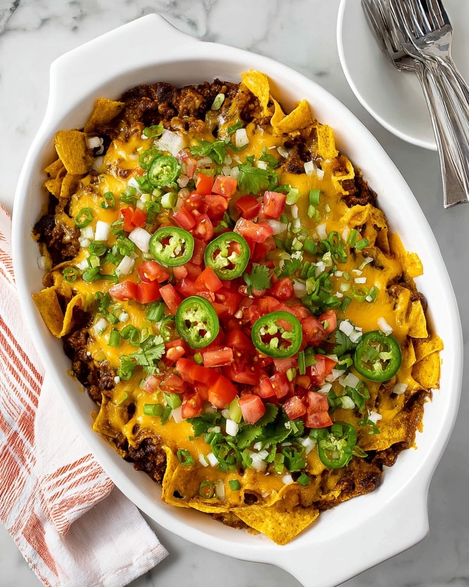 The dish in a white oval baking dish shows three main layers. The bottom layer is dark brown with a thick, chunky texture. On top of this is a layer of bright yellow corn chips mixed with melted light yellow cheese. The top layer has fresh green chopped onions and cilantro, bright red diced tomatoes, and sliced green jalapeños scattered across. The dish sits on a white marbled surface, next to a white bowl holding two forks. Photo taken with an iphone --ar 4:5 --v 7