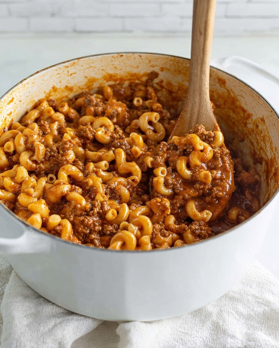 The image shows a white pot filled with a thick mixture of elbow macaroni and ground beef in a rich reddish-brown tomato sauce, with the pasta fully coated and evenly mixed throughout. A wooden spoon is stirring the pot from the right side, with the sauce visibly clinging to both the spoon and the pasta. The pot sits on a folded white cloth on a white marbled surface, and the background is a soft white brick wall. The overall colors are warm tones of brown and orange from the sauce, contrasting with the white pot and cloth. Photo taken with an iphone --ar 4:5 --v 7