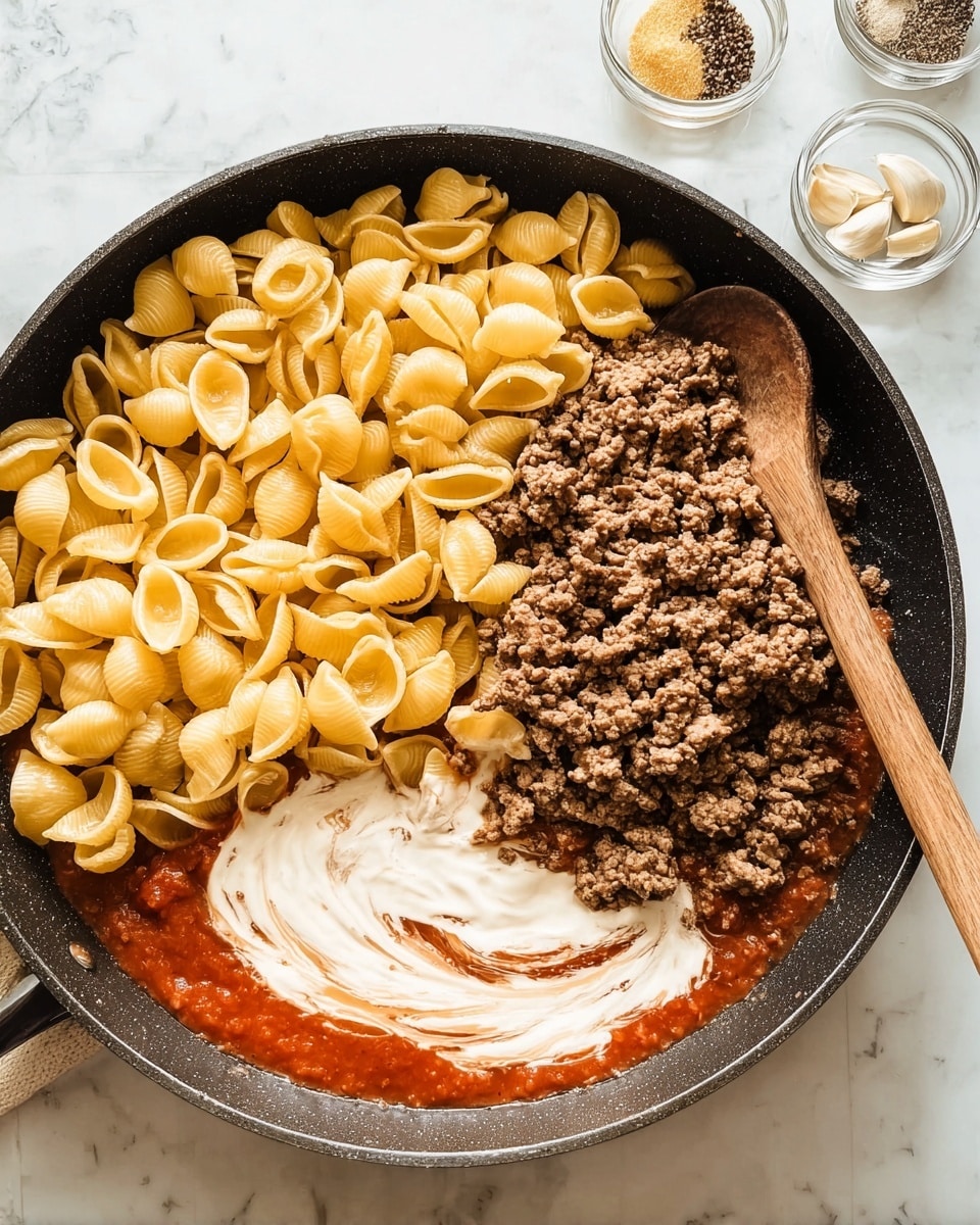 The image shows a black pan with a wooden spoon resting on the edge. Inside the pan, there are three main layers: on the left side, a pile of yellowish shell-shaped pasta; on the right, cooked ground meat with a brownish color; and beneath them, a layer of red tomato sauce mixed with a white creamy liquid, creating a swirled effect near the bottom right. The scene is set on a white marbled surface with small glass bowls containing spices and garlic cloves in the background. photo taken with an iphone --ar 4:5 --v 7