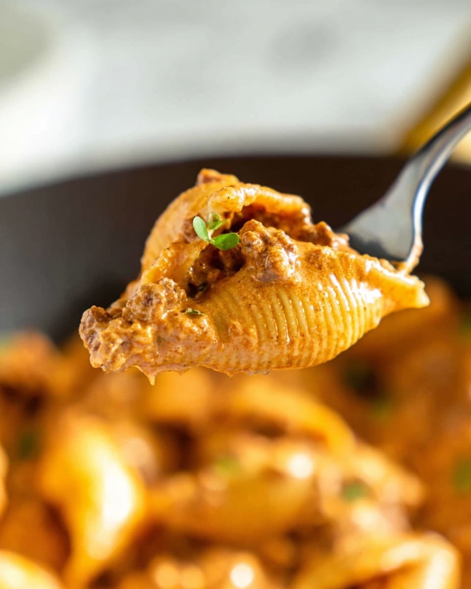 A close-up of a silver fork holding a single shell pasta shell coated in thick orange-brown creamy sauce mixed with small bits of browned ground meat and garnished with a tiny green herb. The texture of the pasta is smooth and slightly ridged, fully covered in the rich sauce. The blurred background shows more sauce in a dark pot, set on a white marbled surface. photo taken with an iphone --ar 4:5 --v 7