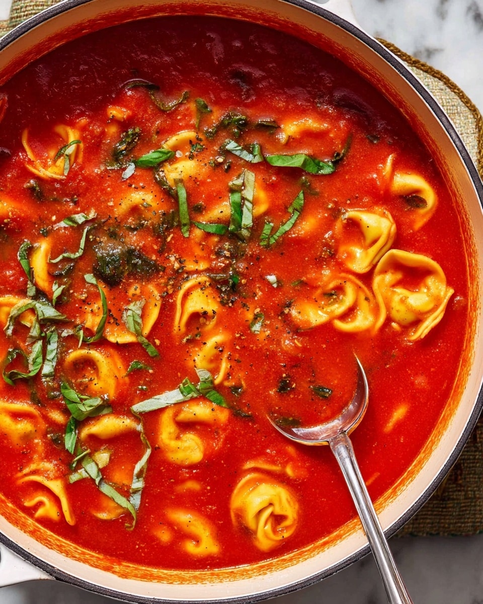 A large white pot filled with bright red tomato soup, thick with small pasta tortellini pieces floating on the surface. Green basil leaves are thinly sliced and scattered on top, adding contrast with their fresh, leafy texture. The soup shows some small bits of onions and herbs mixed in, giving the surface a speckled look. A silver spoon dips into the right side of the pot, partially submerged in the rich soup. The pot sits on a white marbled surface, lit by soft natural light. photo taken with an iphone --ar 4:5 --v 7