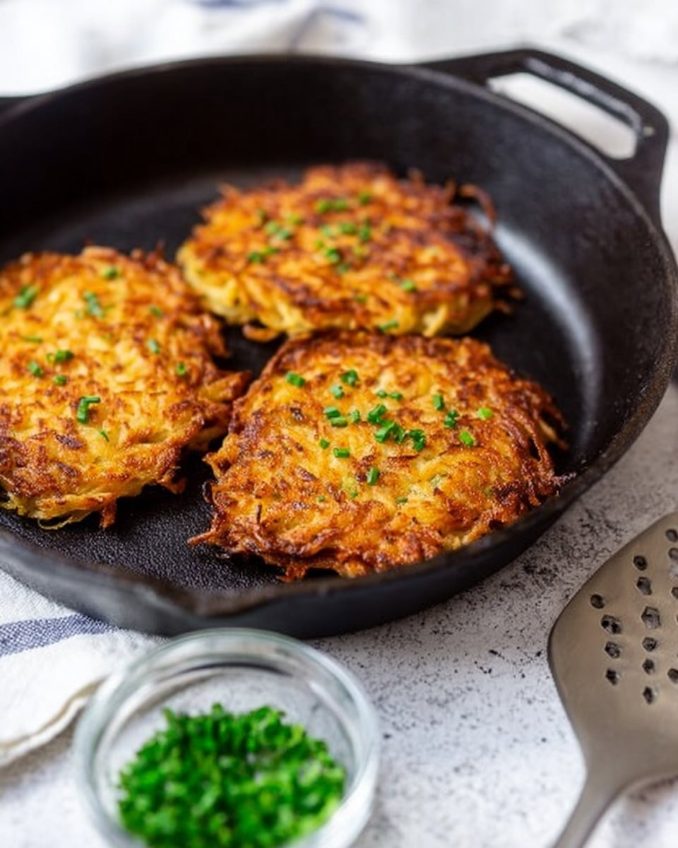 Three golden brown potato pancakes with a crispy texture and bits of green herbs on top sit inside a black cast iron pan. The pan rests on a white marbled surface with a folded white and blue striped cloth under it. Next to the pan is a silver spatula with cut-out shapes on a white marbled table. In the foreground, a small clear glass bowl contains chopped green herbs, adding a fresh touch. The warm colors of the pancakes contrast well with the dark pan and light background. Photo taken with an iphone --ar 4:5 --v 7