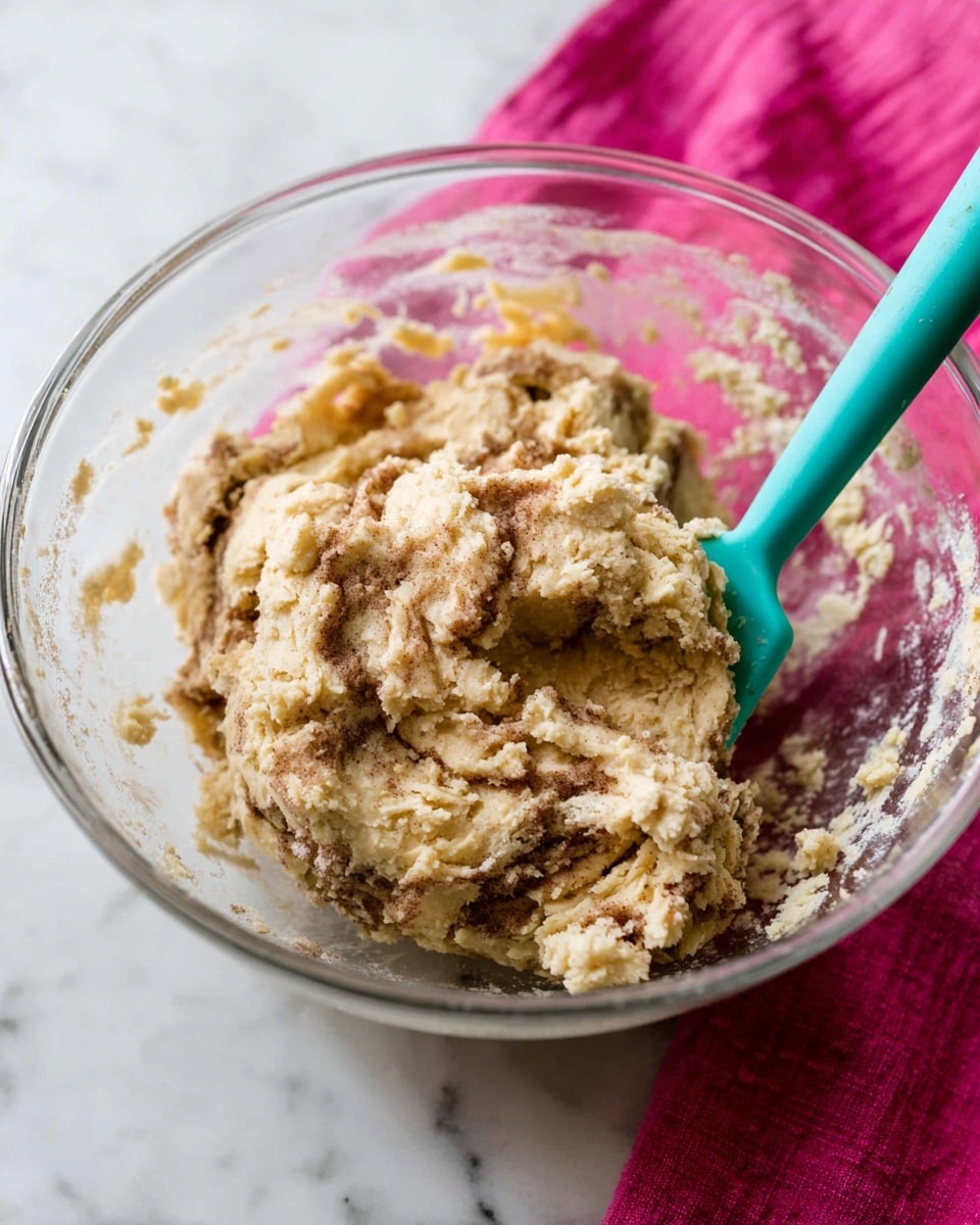 A clear glass bowl contains a rough, light beige dough mixed with swirls of darker brown cinnamon throughout, creating a marbled texture. The dough is thick and slightly crumbly, gathered mostly in the center of the bowl, with smears of flour around the edges. A turquoise spatula lies inside the bowl, partially covered by the dough, resting on the right side. The bowl sits on a bright pink cloth, which contrasts with the white marbled surface underneath. photo taken with an iphone --ar 4:5 --v 7