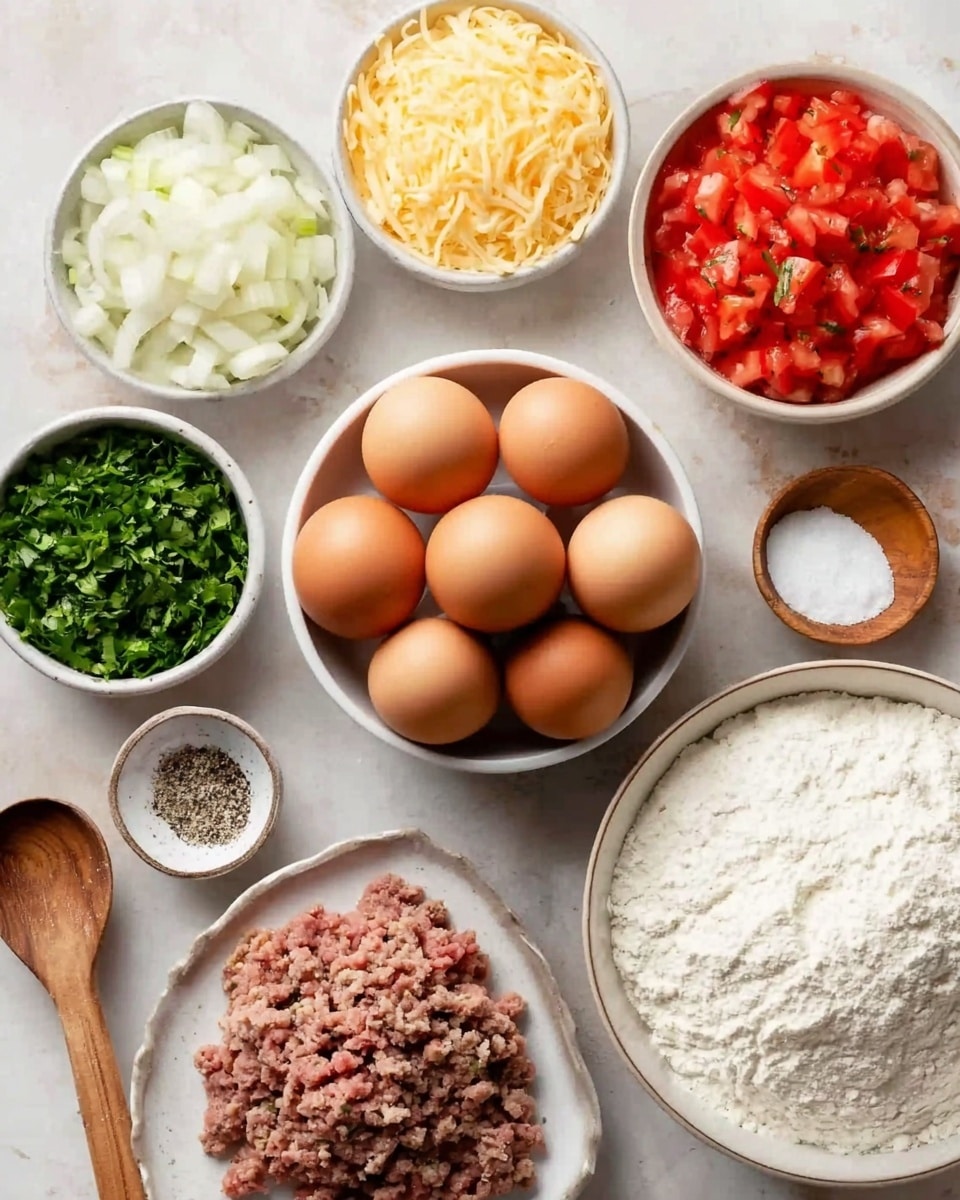 The image shows several small white bowls arranged on a white marbled surface. At the center is a white bowl filled with eight brown eggs stacked closely. Surrounding it are bowls with chopped white onions, finely chopped green herbs, ground meat on a white plate, red diced tomatoes, finely shredded pale yellow cheese, white flour with a wooden spoon, and a white creamy ingredient in a larger white bowl. A small bowl contains salt and pepper. The overall colors are soft earth tones and fresh colors, with each ingredient showing clear texture and detail. photo taken with an iphone --ar 4:5 --v 7