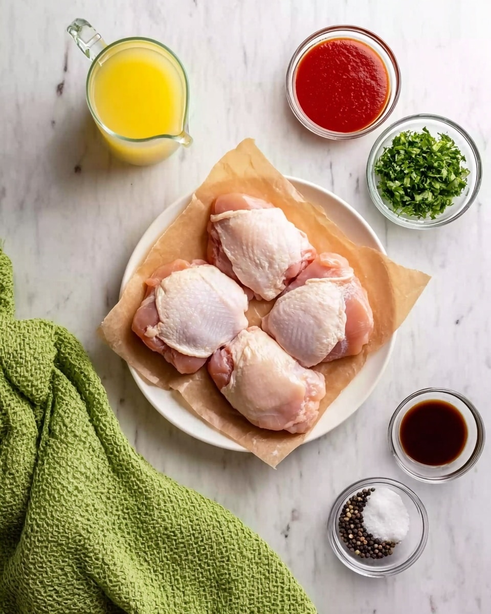 The image shows four raw chicken thighs placed closely together on a square piece of brown parchment paper, which is set on a round white plate. Surrounding the plate are five small glass bowls with different ingredients: a yellow liquid in a small pitcher on the top left, a bright red sauce in a bowl above the plate, green chopped herbs in a bowl to the top right, a small bowl with a dark brown liquid to the bottom right, a small bowl with a white powdery substance below the plate, and a tiny bowl with two black peppercorns at the bottom right. To the left of the plate lies a bright green textured cloth on a white marbled surface. A woman's hand is not visible in this image. photo taken with an iphone --ar 4:5 --v 7
