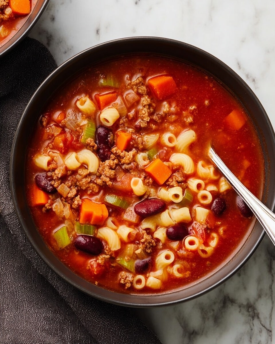 A dark bowl filled with a thick tomato soup showing many small layers mixed together: bright orange carrot chunks, light green celery pieces, small pale yellow tube-shaped pasta, dark red kidney beans, and brown ground meat bits, all surrounded by rich red tomato broth with visible diced tomatoes. A silver spoon rests inside the bowl on the right side. The bowl is set on a white marbled surface with a dark gray cloth napkin on the left edge. photo taken with an iphone --ar 4:5 --v 7