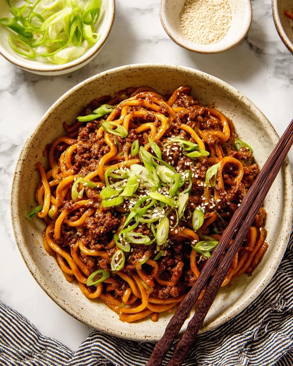 A bowl filled with cooked noodles covered in a dark brown sauce mixed with small crumbled pieces of meat, topped with thin slices of bright green spring onions and small white sesame seeds scattered on top. The noodles are thick and twisted, filling most of the white bowl with a rough surface. Two dark brown wooden chopsticks rest on the edge of the bowl, pointing inward. In the background, there are two small white bowls, one filled with more thinly sliced green spring onions and the other with white sesame seeds, placed on a white marbled surface. A white and black striped cloth is partially visible under the bowl of noodles. Photo taken with an iphone --ar 4:5 --v 7