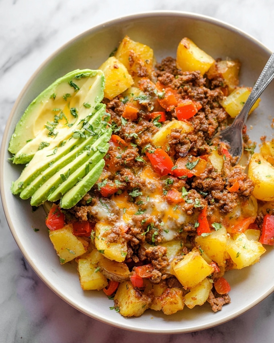 This dish is served in a white bowl and has three main layers. The bottom layer is made up of cubed yellow potatoes with a slightly crispy texture. Mixed into this are small pieces of cooked ground meat that are brown and crumbly. Scattered throughout are diced red bell peppers and small bits of cooked onions, adding red and light brown colors. There are also melted yellow cheese pieces spread on top, blending with the meat and potatoes. On one side of the bowl, there are thin slices of bright green avocado garnished with small green herbs, which are also sprinkled lightly over the whole dish. There is a silver spoon placed partially into the food. The bowl is set on a white marbled surface. Photo taken with an iphone --ar 4:5 --v 7